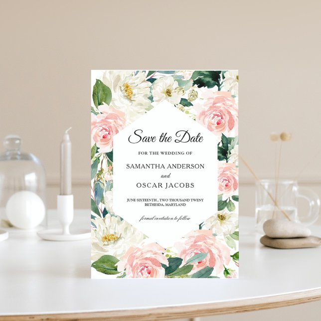 Save The Date Cadre floral aquarelle rose et blanc élégant  (Créateur téléchargé)