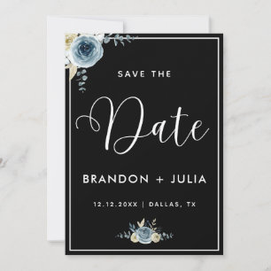 Save The Date Cadre Floral bleu poussiéreux Moderne Elégant noir