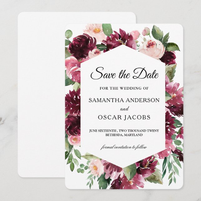 Save The Date Cadre floral moderne à l'aquarelle rouge (Devant / Derrière)