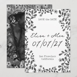 Save The Date Cadre floral N&B ÉPHÉMÈRE PHOTO PERSONNALISÉE