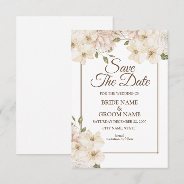 Save The Date Cadre Floral rose blanc Mariage moderne (Devant / Derrière)