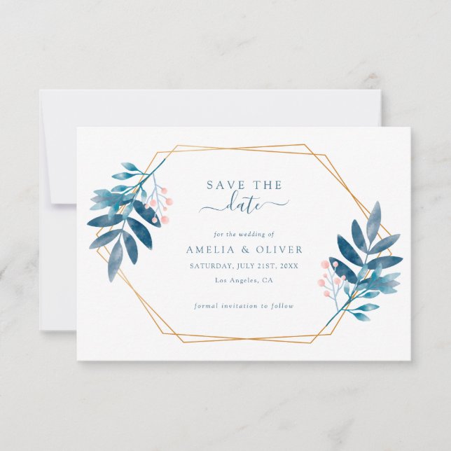 Save The Date Cadre Géométrique Mariage Dusty Blue Verdure (Devant)
