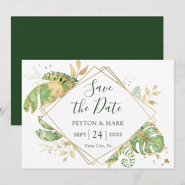 Save The Date Cadre géométrique vert et or de feuillage tropical (Devant / Derrière)