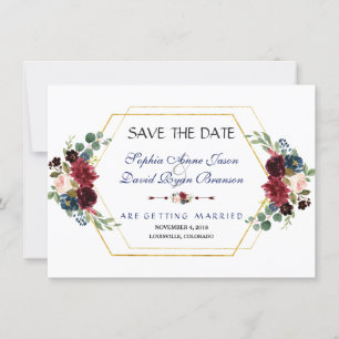 Save The Date Cadre Hexagone Or Floral Bourgogne Enregistrer La