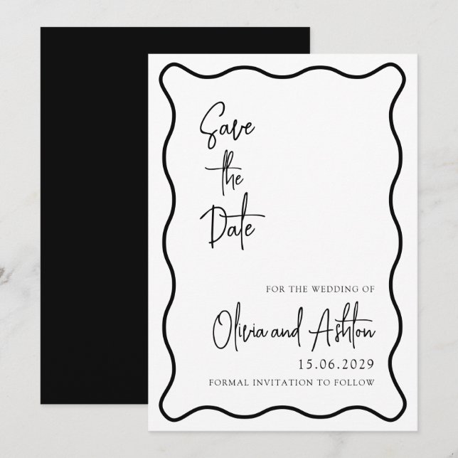 Save The Date cadre ondulé, bordure ondulée, moderne, noir et bl (Devant / Derrière)
