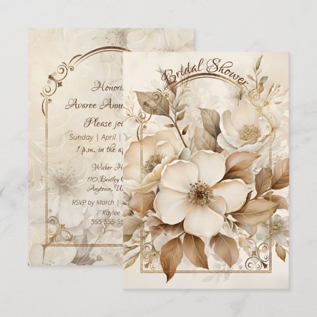 Save The Date Cadre Or avec Roses Marron Monochrome et Blanches (Devant / Derrière)