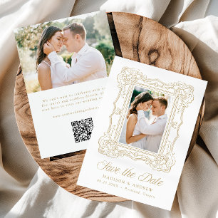 Save The Date Cadre Orné Doré Élégant 2 Photo QR Code Mariage