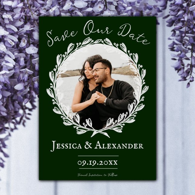 Save The Date Cadre photo élégant de couronne | Emerald Green (Emerald Green Elegant Wreath Frame Photo Save the Date)
