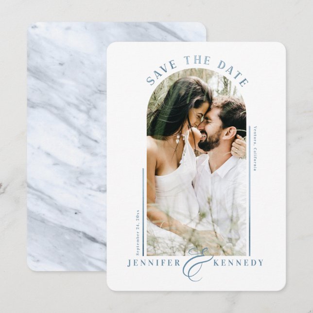 Save The Date Cadre photo moderne en arc Bleu Marbre Retour (Devant / Derrière)