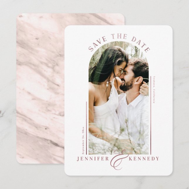 Save The Date Cadre photo moderne en arc Rose Dusty Retour (Devant / Derrière)