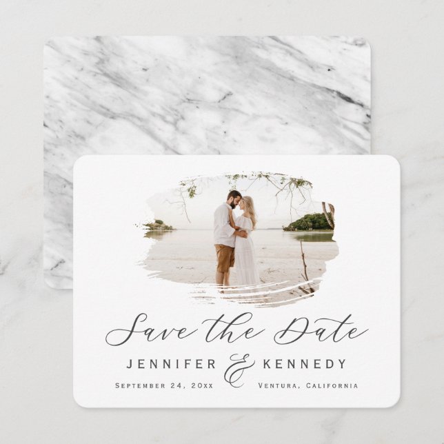 Save The Date Cadre romantique brossé gris et blanc avec photo (Devant / Derrière)