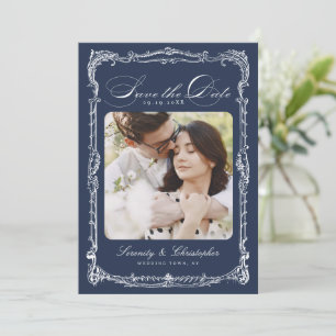 Save The Date Cadre Vintage Navy Script Classique Photo Mariage