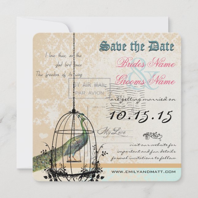 Save The Date Cage à oiseaux Paon de Damas Mariage Épargnez la d (Devant)