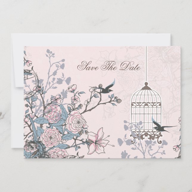 Save The Date cage d'oiseau rose floral, les inséparables sauven (Devant)