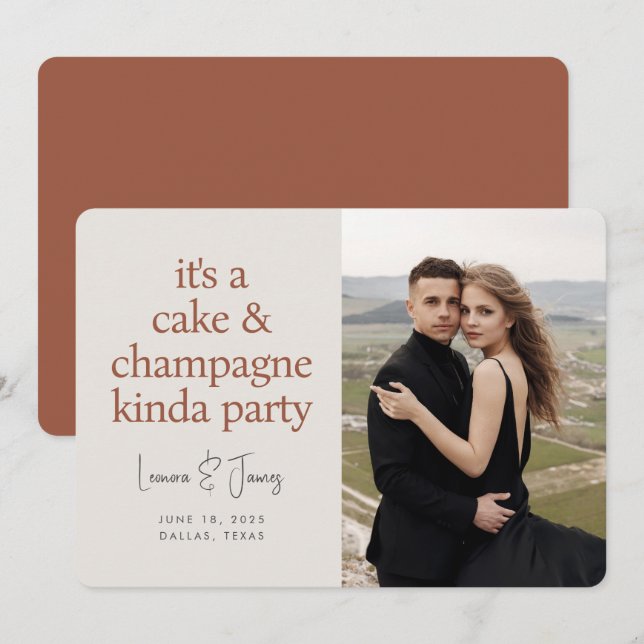 Save The Date Cake Champagne Typographie amusante Terracotta Mar (Devant / Derrière)