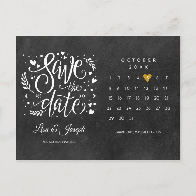 Save the Date Calendar Gold Liebe Herzklub Postkarte (Vorderseite)