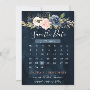 Save The Date Calendrier Bohème Rose Rose Foncé Bleu Marine