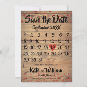 Save The Date Calendrier Coeur Rouge Rubis Rustique Sauvegarder