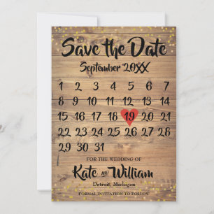 Save The Date Calendrier de cœur d'amour en bois rustique Enregi