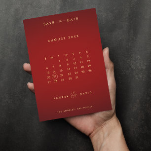 Save The Date Calendrier de mariage à monogramme Red Gold Photo 