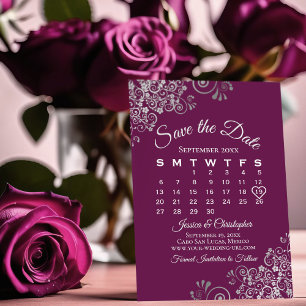 Save The Date Calendrier de mariage élégant Argent & Plum Magent