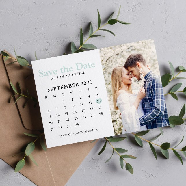 Save The Date Calendrier de photo de mariage à la menthe Enregis (Créateur téléchargé)
