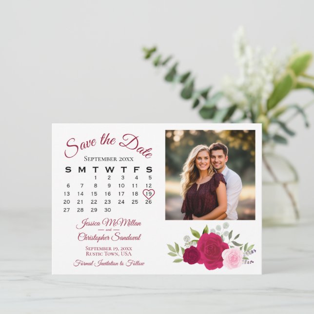 Save The Date Calendrier et photo du Mariage de roses magenta et (Debout devant)