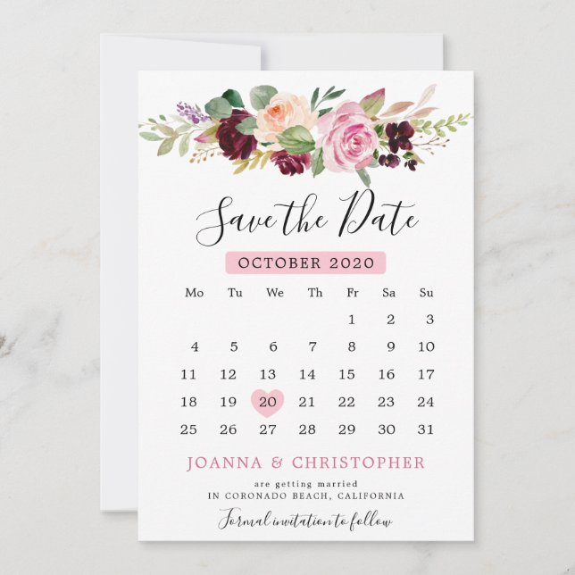 Save The Date Calendrier floral botanique prune rose pourpre blu (Devant)