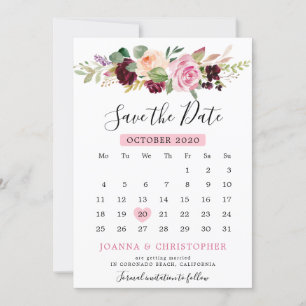 Save The Date Calendrier floral botanique rose prune violet blus