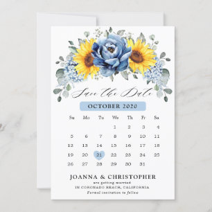 Save The Date Calendrier floral de pivoine d'ardoise bleu poussi