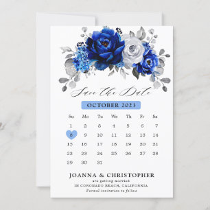Save The Date Calendrier floral métallisé bleu royal blanc argen