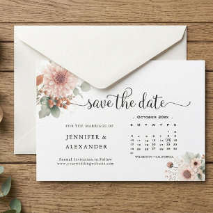 Save The Date Calendrier floral rose poussiéreux Mariage blanc