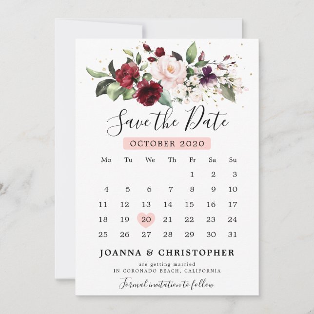 Save The Date Calendrier floral rose rouge burgundy romantique (Devant)