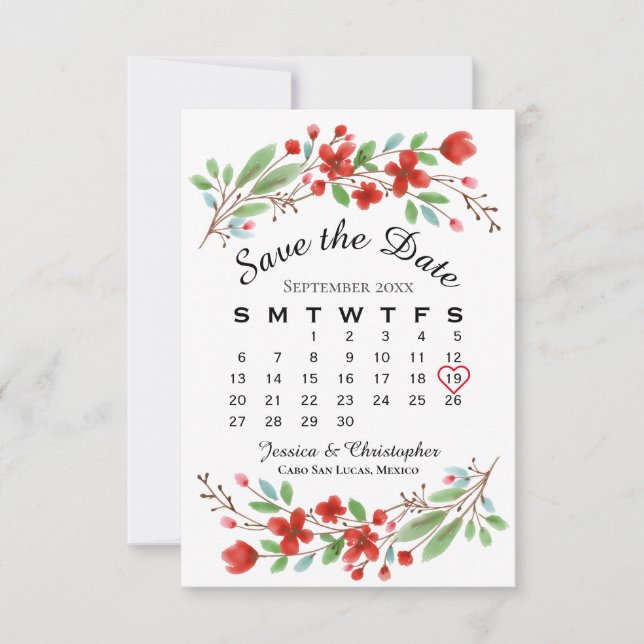 Save The Date Calendrier Mariage de fleurs d'aquarelle rouge (Devant)
