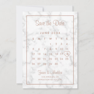Save The Date Calendrier Mariage Moderne en Marbre et Or Rose