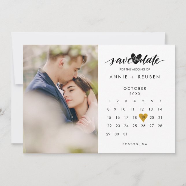 Save The Date Calendrier Moderne Elegant Gold Heart Mariage phot (Devant)