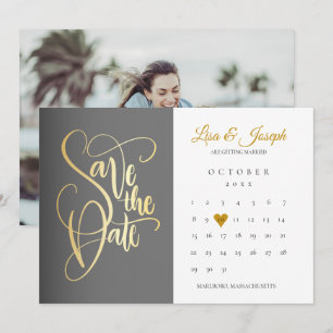 Save The Date Calendrier moderne Gold Love Heart Photo