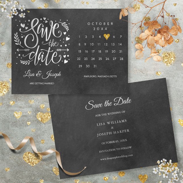Save The Date Calendrier Or Amour Cœur Noir Blanc (Calendar Gold Love Heart Black White Save The Date)