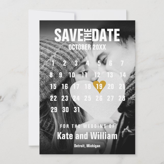 Save The Date Calendrier photo Gold Heart Mariage moderne (Devant)