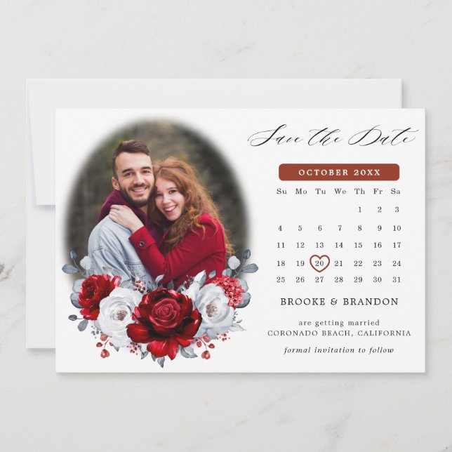 Save The Date Calendrier photo métallisé rouge blanc argent roya (Devant)