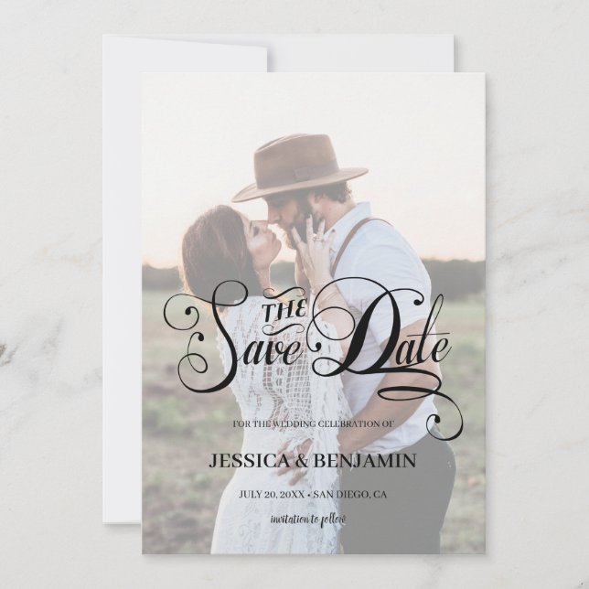 Save The Date Calligraphie Chic Effet Vélin Faux Photo Mariage (Devant)