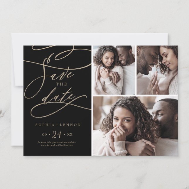 Save The Date Calligraphie d'or romantique | Black 3 Photo Colla (Devant)