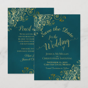 Save The Date Calligraphie Élégante Mariage Teal et Or Orné