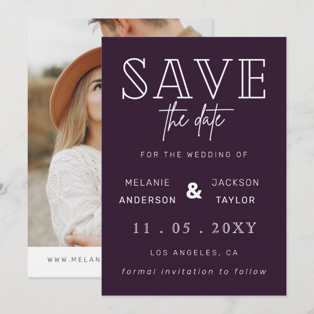 Save The Date Calligraphie manuscrite Violet Photo Enregistrer L (Devant / Derrière)