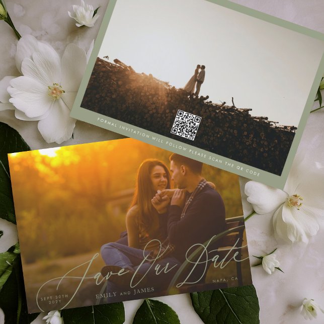 Save The Date Calligraphie Mariage Sage Green QR Code photo (Créateur téléchargé)