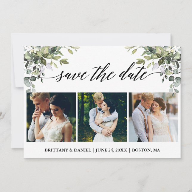 Save The Date Calligraphie moderne 3 Photo Aquarelle Verdure (Devant)
