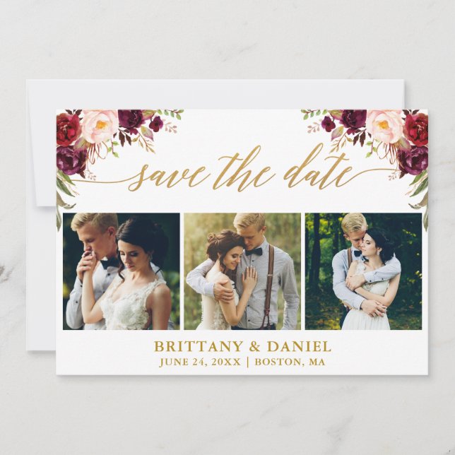 Save The Date Calligraphie moderne Bourgogne Floral 3 Photo Or (Devant)