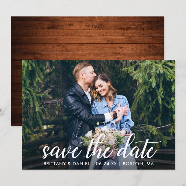 Save The Date Calligraphie moderne Couple Photo Mariage Wood (Devant / Derrière)