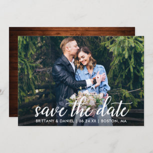 Save The Date Calligraphie moderne Couple Photo Mariage Wood