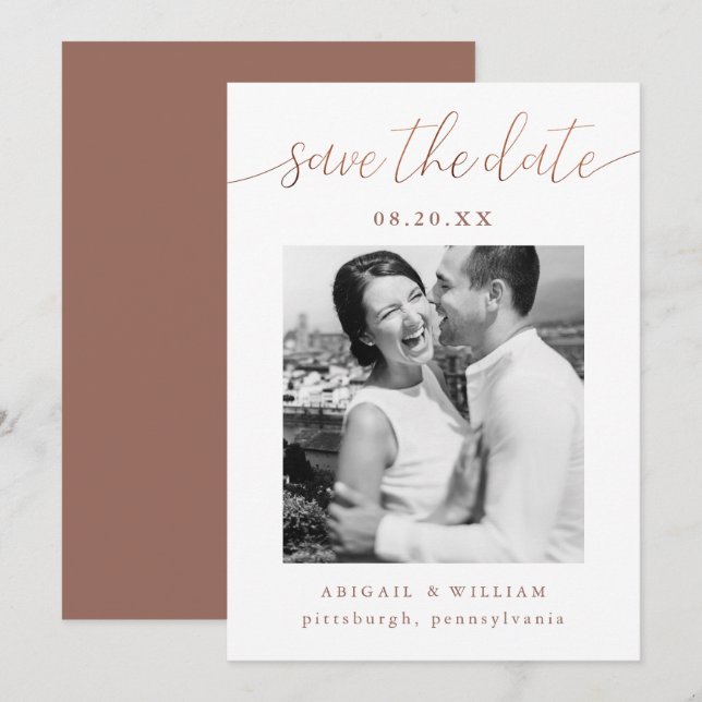 Save The Date Calligraphie moderne Photo Terracotta Mariage (Devant / Derrière)